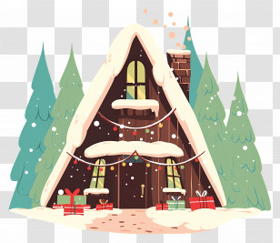 Winter Cabin - Snowy House With Christmas Decorations Transparent PNG