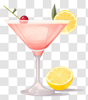 Pink Cocktail - Light Pink Cocktail Glass With Lemon And Cherry Transparent PNG