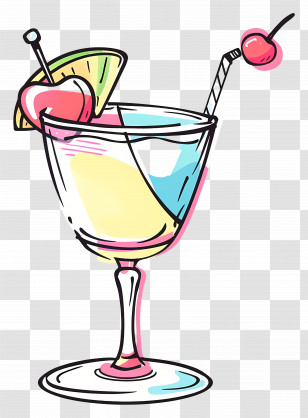 Doodle Cocktail - Colorful Hand-Drawn Cocktail Glass With Garnish Transparent PNG