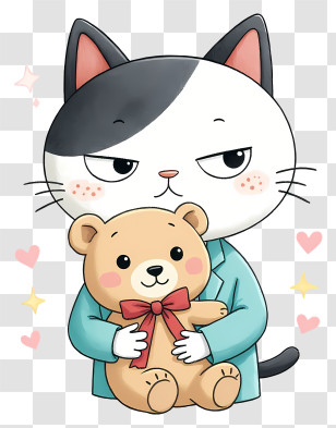 Cat Mascot Celebrating Valentine’s Day - Sly Cat Hugging A Teddy Bear Transparent PNG