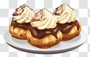 Profiterole - Plate Of Cream Puffs Covered In Chocolate With Cream Topping Transparent PNG