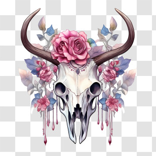 Deer Skull - Artistic Skull Illustration With Flowers And Horns Transparent PNG