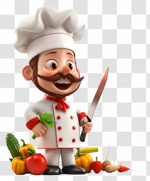 3d Chef - Chef Character With Knife And Vegetables Transparent PNG