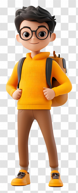 3d Student - Cartoon Boy In Yellow Sweater With Backpack Transparent PNG