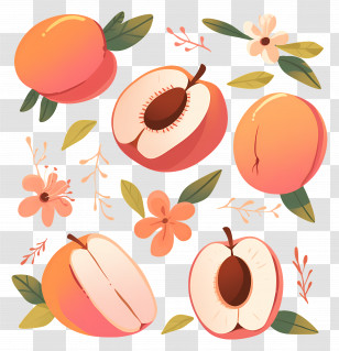 Peach - Peaches And Decorative Flowers Illustration Transparent PNG