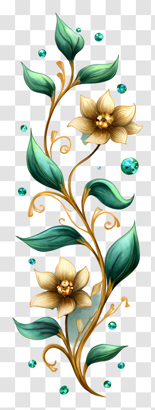 Gold And Emerald Vine - Golden Flowers With Green Gems Transparent PNG