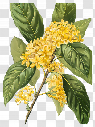 Osmanthus Flower - Yellow Floral Branch With Lush Leaves Transparent PNG