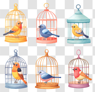 Birds In Various Cages - Six Colorful Birds In Cages Transparent PNG