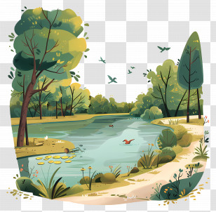 Summer Park Lake - Lake Surrounded By Trees And Birds Illustration Transparent PNG