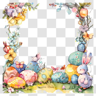 Easter Day Frame - Colorful Easter Eggs And Bunny Transparent PNG