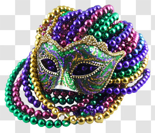 Mardi Gras Beads - Mardi Gras Mask And Colorful Beads Transparent PNG