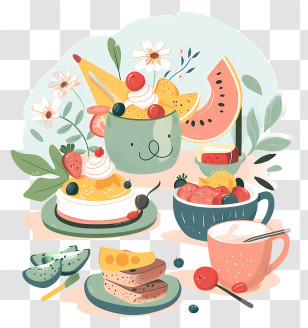 Brunch - Delicious Breakfast With Fruits And Desserts Transparent PNG