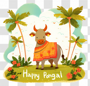 Happy Pongal - Cartoon Bull With Happy Pongal Message Transparent PNG