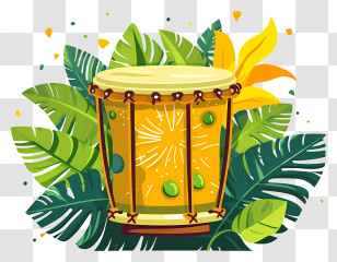 Drum - Yellow Drum With Tropical Leaves Transparent PNG