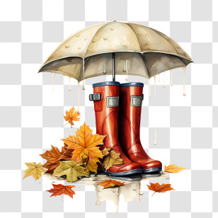 Autumn Rain - Rainy Autumn Umbrella And Boots Illustration Transparent PNG