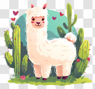 Alpaca Cartoon - Charming Llama With Cacti Transparent PNG