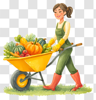 Hardworking Woman Farmer - Gardener Pushing Vegetable Wheelbarrow Transparent PNG