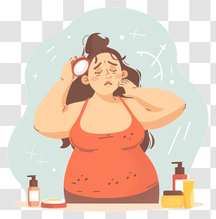 Obesity Woman Cartoon - Worried Woman Illustrated With Skincare Products Transparent PNG