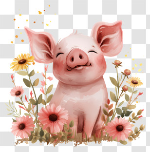 Pig Day - Smiling Pig Surrounded By Flowers Transparent PNG