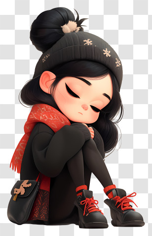 Sad Anime Girl - Girl In Winter Clothes With Red Scarf Transparent PNG