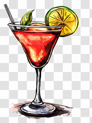 Red Cocktail - Cocktail Glass With Lime And Fresh Garnishes Transparent PNG