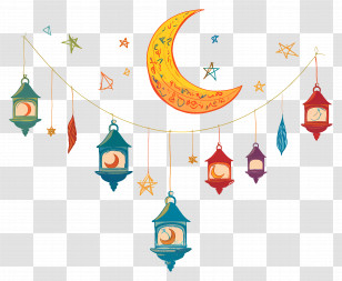 Eid Mubarak - Decorative Lanterns And Crescent Moon For Celebration Transparent PNG