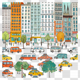 Cars In The City - Colorful Cityscape Illustration Transparent PNG