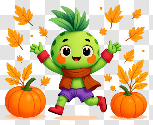 Plant Mascot Celebrating Thanksgiving - Happy Green Harvest Mascot Transparent PNG