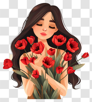 Womens Day Flower Art - Woman With Red Flowers Illustration Transparent PNG