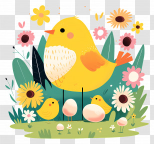 Springtime - Yellow Bird With Flowers Transparent PNG