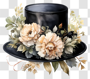 Hat - Black Top Hat With Floral Decoration Transparent PNG