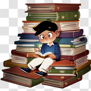 Reading Book - Cartoon Child Reading In A Stack Of Books Transparent PNG