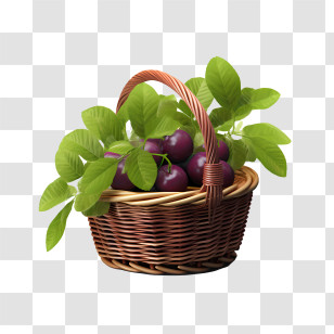 Plum - Basket Of Purple Fruits With Green Leaves Transparent PNG