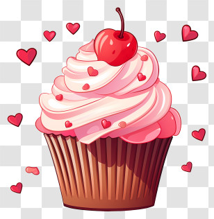 Cupcake - Cupcake Topped With Cherry And Hearts Transparent PNG