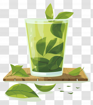 Green Tea - Glass Of Green Drink With Leaves Transparent PNG