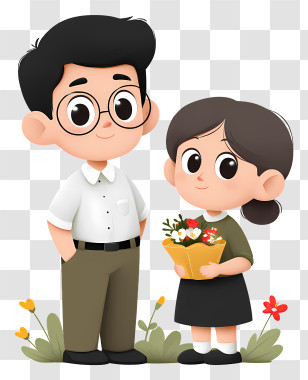 Teacher - Cute Cartoon Characters With Flowers Transparent PNG