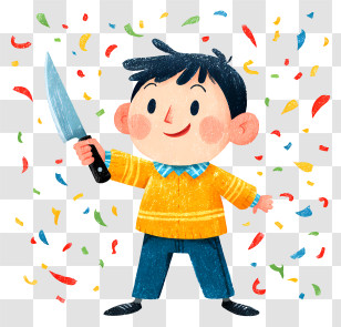 Cartoon Boy Holding Knife - Boy With Knife And Confetti Transparent PNG