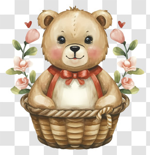 Cute Teddy Bear - Cute Bear In Basket With Flowers Transparent PNG