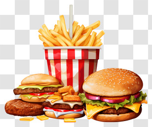American Cuisine - Delicious Fast Food Meal With Burgers And Fries Transparent PNG
