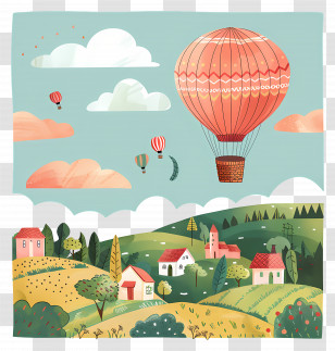 Hot Air Balloon - Hot Air Balloon Over Village Transparent PNG