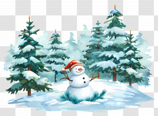 Christmas Scene - Snowman In A Snowy Winter Forest Transparent PNG