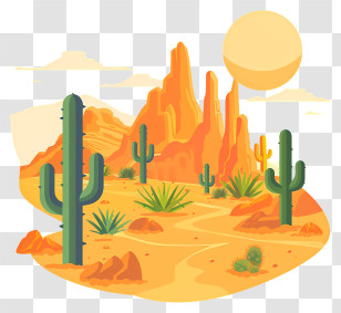 Desert - Desert Landscape Illustration With Cactus And Mountains Transparent PNG