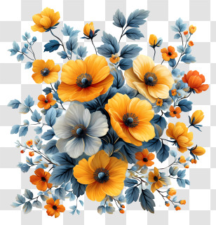 Floral Pattern Background - Illustration Of A Vibrant Bouquet Of Yellow And Blue Flowers Transparent PNG