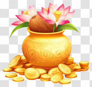 Akshaya Tritiya - Golden Pot With Lotus Flowers And Coins Transparent PNG