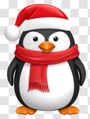 Penguin - Penguin With Scarf And Santa Hat Transparent PNG