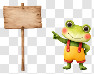 Frog Holding Wooden Sign - Friendly Frog Pointing At Wooden Sign Transparent PNG