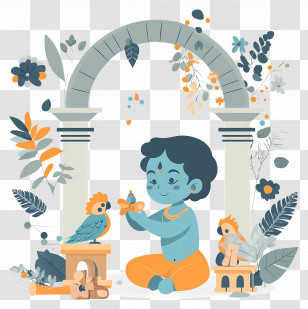 Krishna Janmashtami - Blue Child Playing With Parrot In Mythological Setting Transparent PNG
