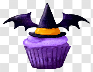 Halloween Cupcake With Witch Hat - Purple Cupcake With Witch Hat And Bat Wings Transparent PNG