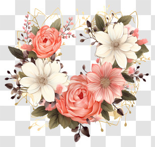 Sketch Style Wedding Flower Frame - Floral Wreath Arrangement With Roses And Daisies Transparent PNG