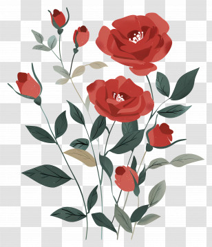Rose Garden - Elegant Red Roses With Green Stem Illustration Transparent PNG
